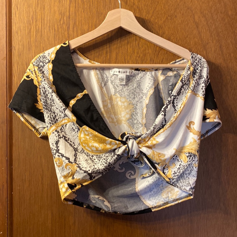 Black and gold front tie top
